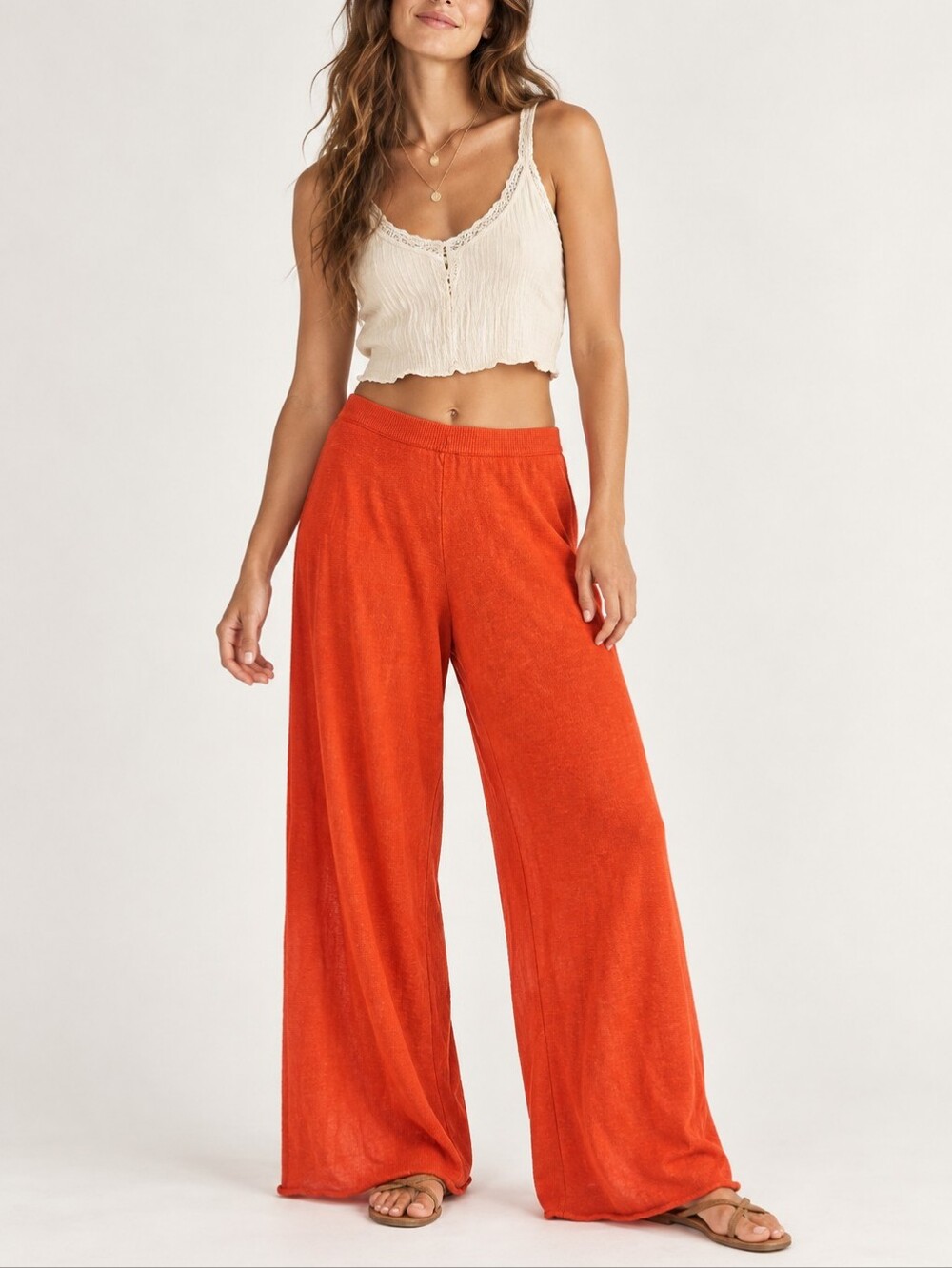 Free People Free-est Orange Cotton Linen Knit Wide Leg Beach Pants Small